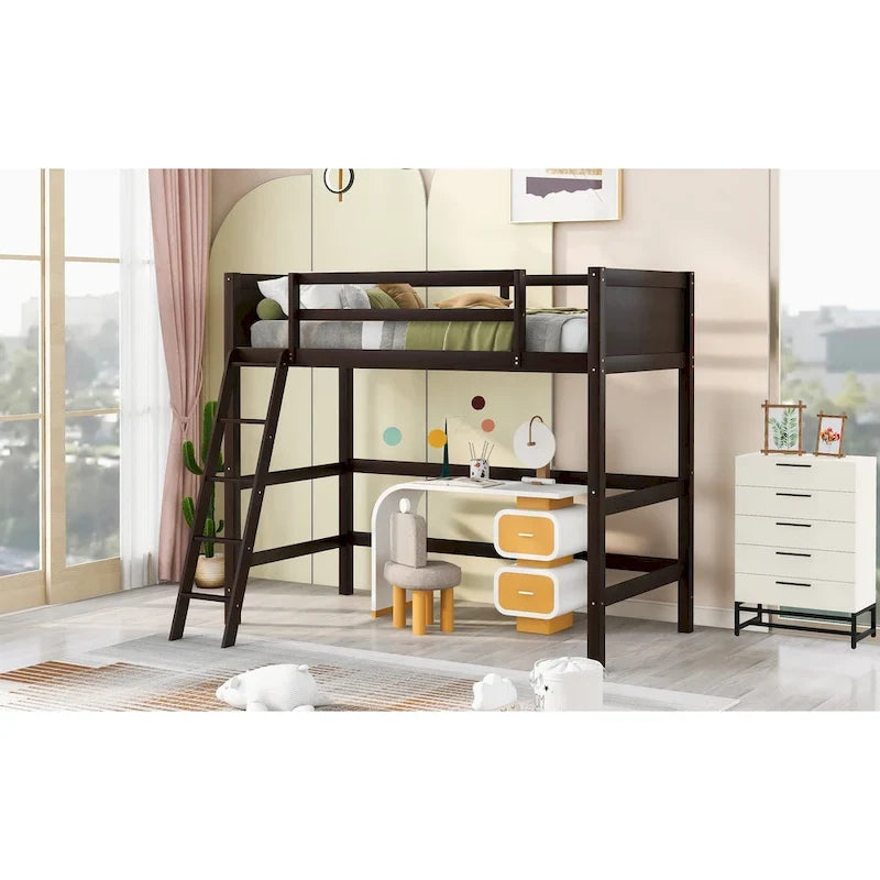 Solid Pine Wood Twin Size Loft Bed with Ladder and Guard Rails