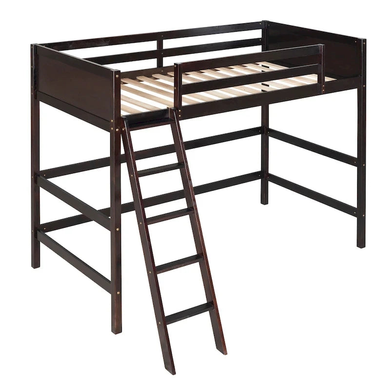 Solid Pine Wood Twin Size Loft Bed with Ladder and Guard Rails