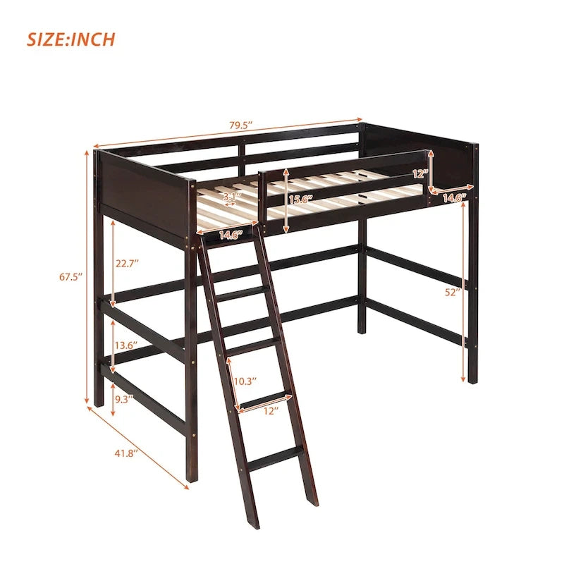 Solid Pine Wood Twin Size Loft Bed with Ladder and Guard Rails