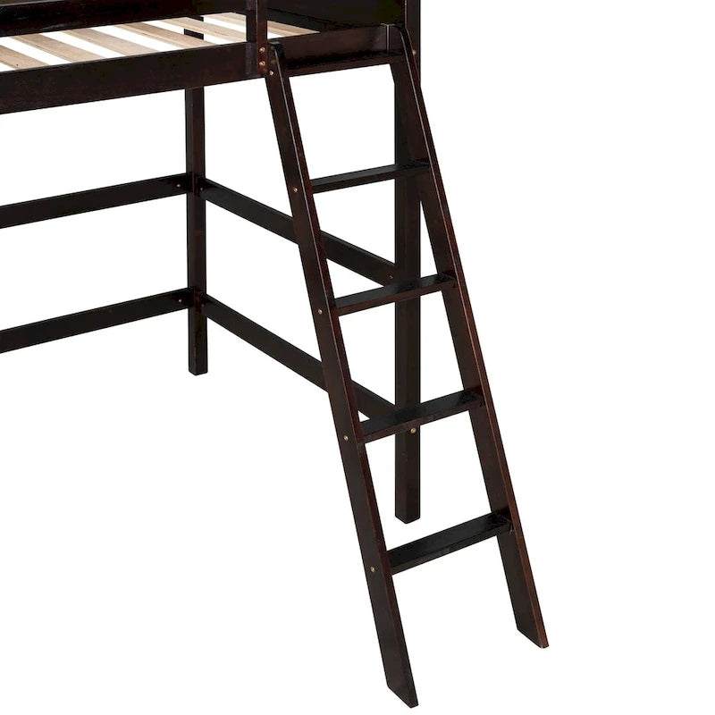Solid Pine Wood Twin Size Loft Bed with Ladder and Guard Rails