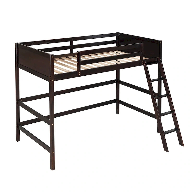 Solid Pine Wood Twin Size Loft Bed with Ladder and Guard Rails