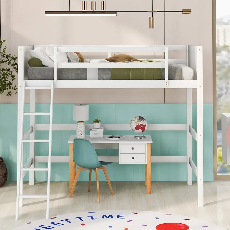Solid Pine Wood Twin Size Loft Bed with Ladder and Guard Rails