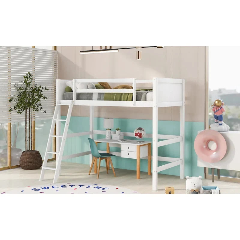 Solid Pine Wood Twin Size Loft Bed with Ladder and Guard Rails