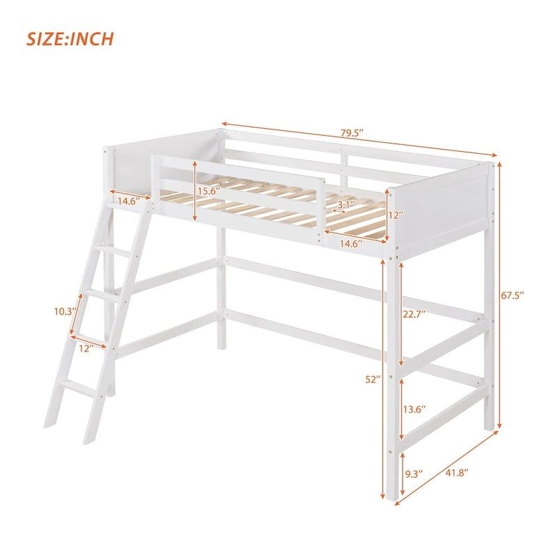 Solid Pine Wood Twin Size Loft Bed with Ladder and Guard Rails
