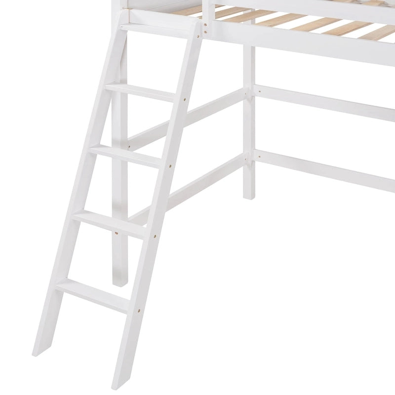 Solid Pine Wood Twin Size Loft Bed with Ladder and Guard Rails