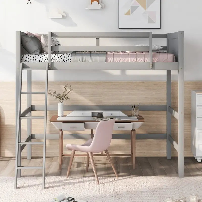 Solid Pine Wood Twin Size Loft Bed with Ladder and Guard Rails