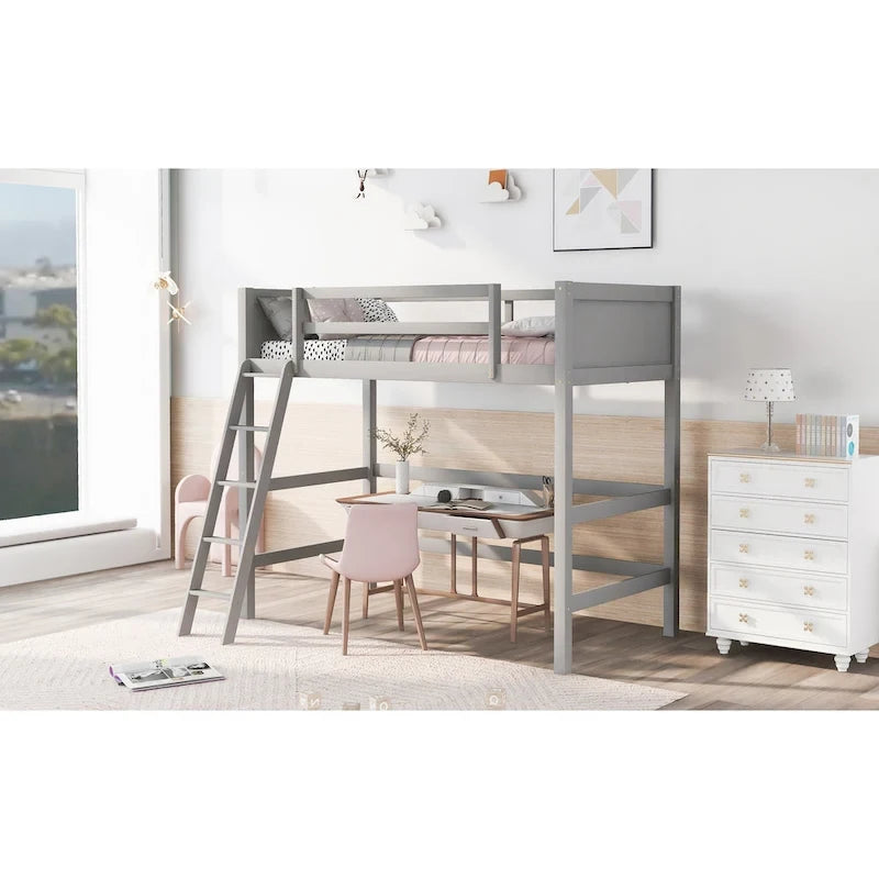 Solid Pine Wood Twin Size Loft Bed with Ladder and Guard Rails