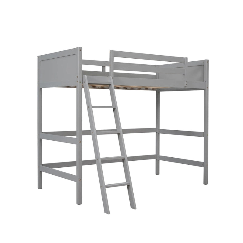 Solid Pine Wood Twin Size Loft Bed with Ladder and Guard Rails
