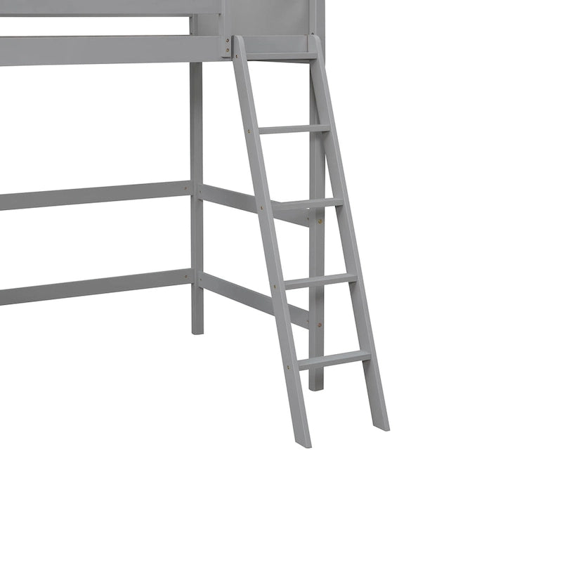 Solid Pine Wood Twin Size Loft Bed with Ladder and Guard Rails