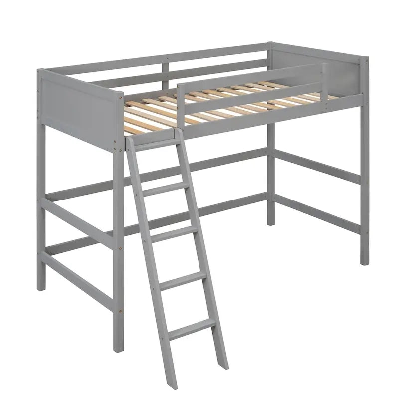 Solid Pine Wood Twin Size Loft Bed with Ladder and Guard Rails
