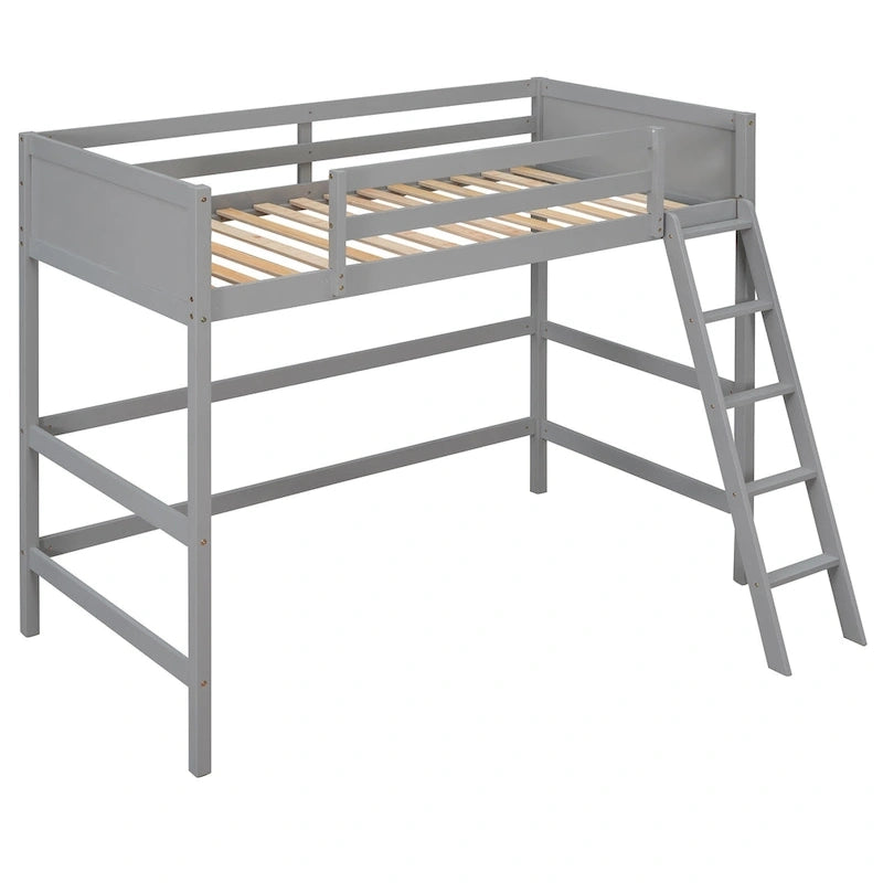Solid Pine Wood Twin Size Loft Bed with Ladder and Guard Rails