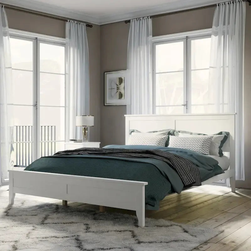 Modern Solid Pine Wood Queen Platform Bed with Slat Headboard