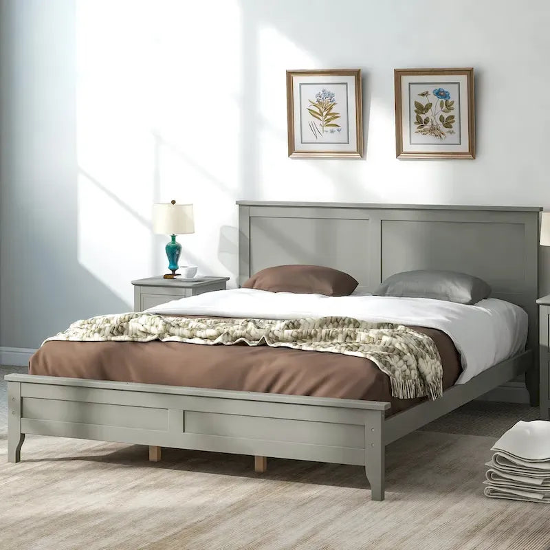 Modern Solid Pine Wood Queen Platform Bed with Slat Headboard
