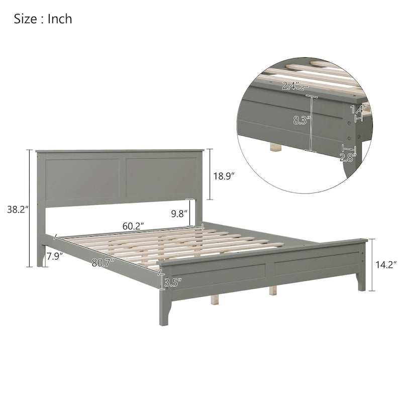 Modern Solid Pine Wood Queen Platform Bed with Slat Headboard