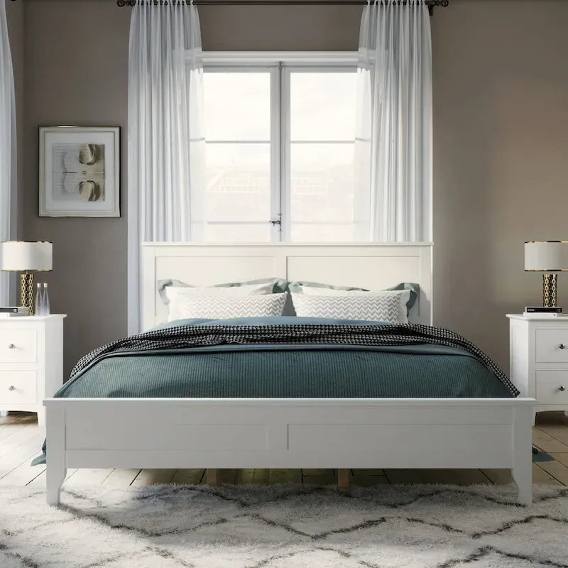Modern Solid Pine Wood Queen Platform Bed with Slat Headboard