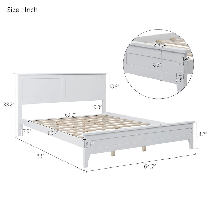 Modern Solid Pine Wood Queen Platform Bed with Slat Headboard