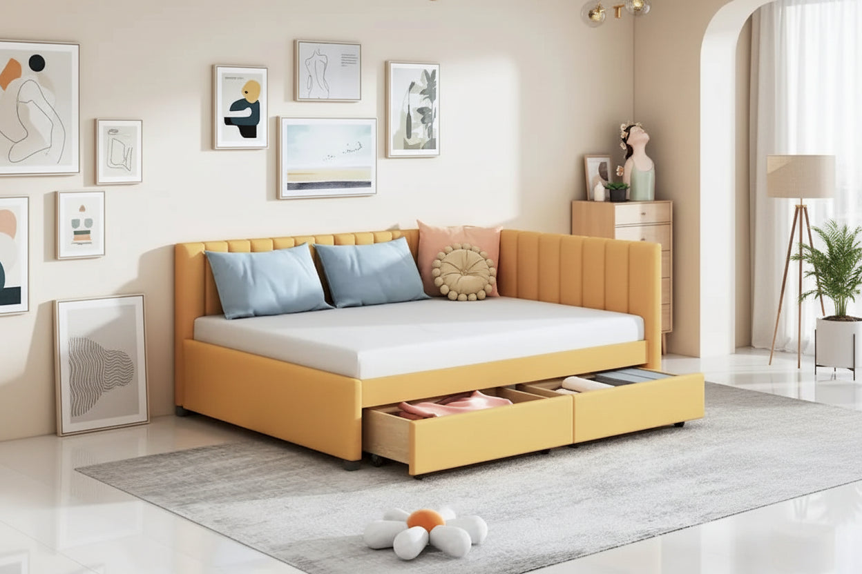 Full Size Upholstered Daybed with 2 Storage Drawers Sofa Bed Frame