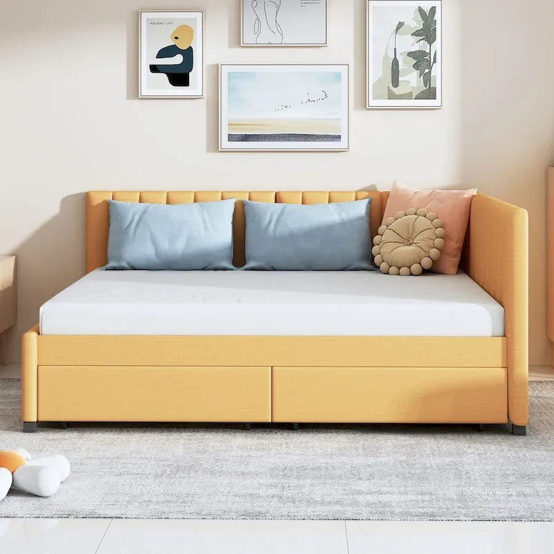 Full Size Upholstered Daybed with Linen Backrest and 2 Storage Drawers
