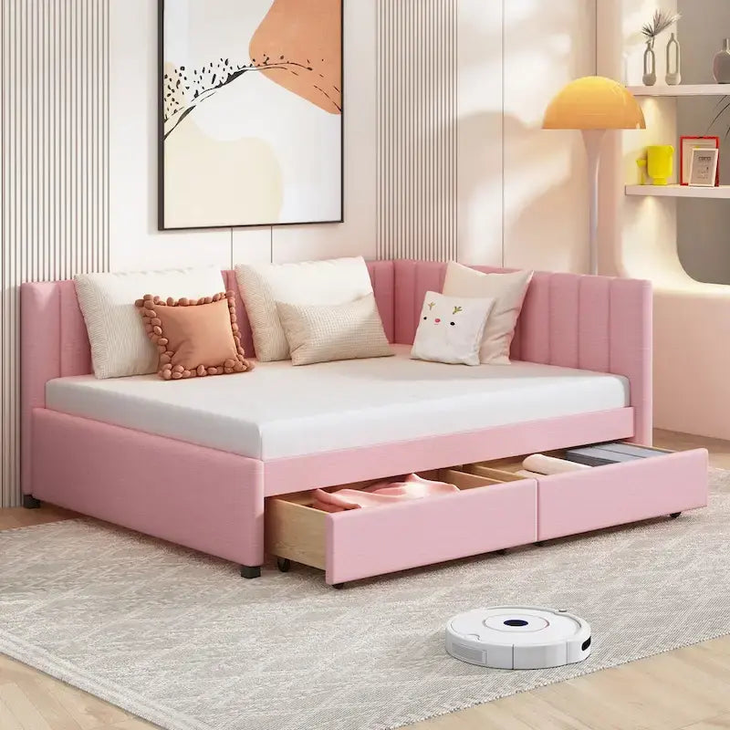 Full Size Upholstered Daybed with Linen Backrest and 2 Storage Drawers