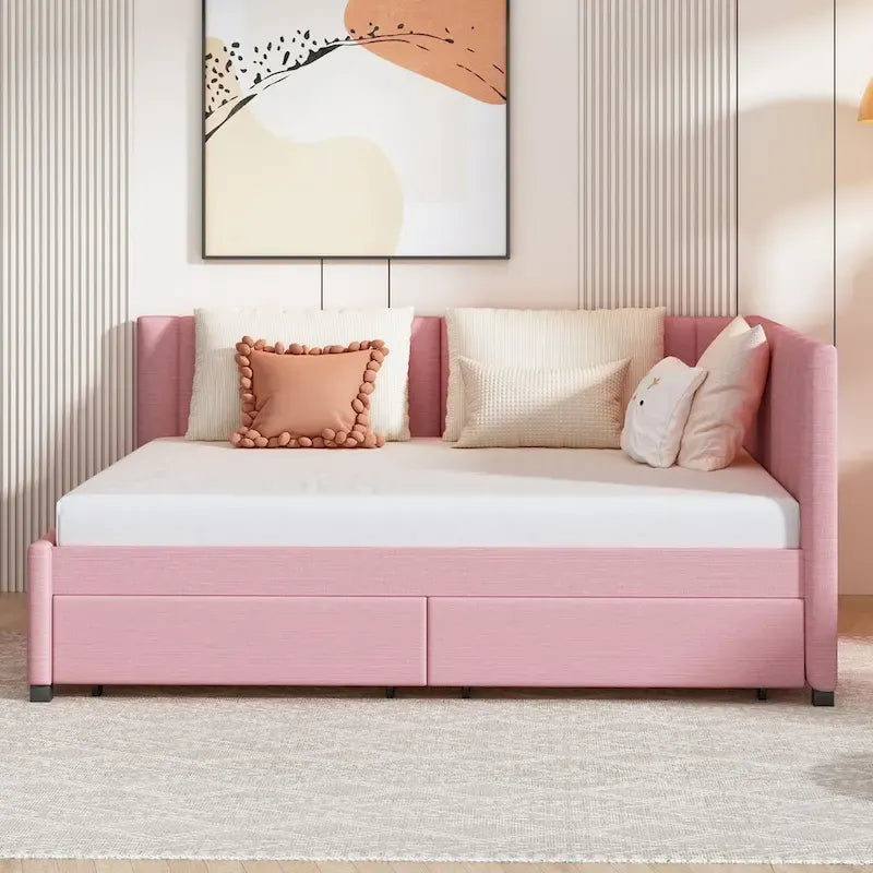 Full Size Upholstered Daybed with Linen Backrest and 2 Storage Drawers