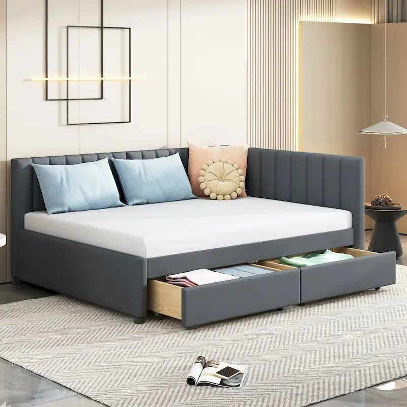 Full Size Upholstered Daybed with Linen Backrest and 2 Storage Drawers