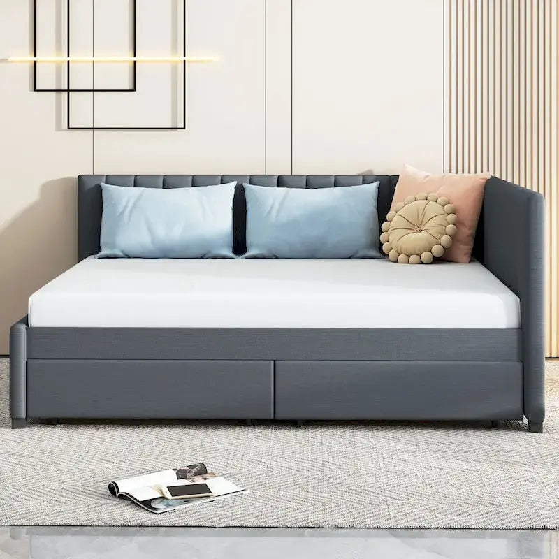 Full Size Upholstered Daybed with Linen Backrest and 2 Storage Drawers