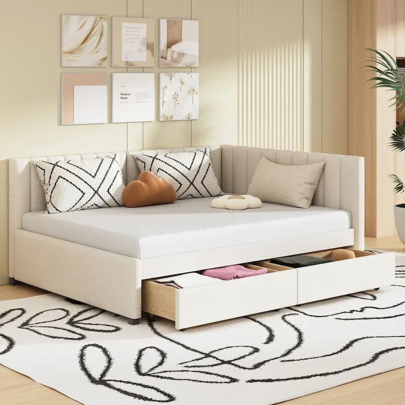 Full Size Upholstered Daybed with Linen Backrest and 2 Storage Drawers