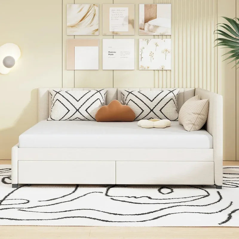Full Size Upholstered Daybed with Linen Backrest and 2 Storage Drawers