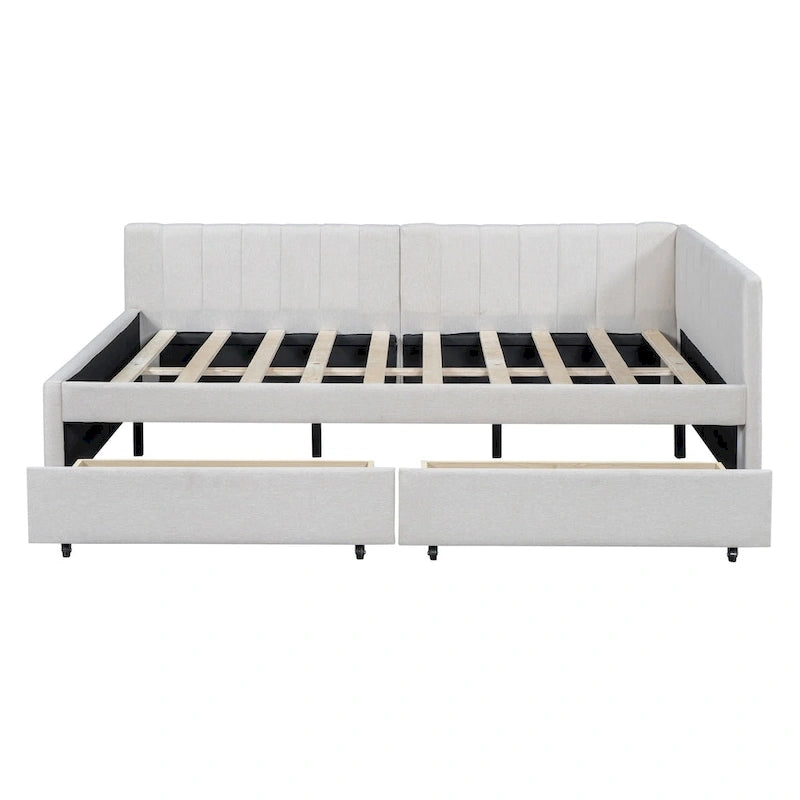 Full Size Upholstered Daybed with Linen Backrest and 2 Storage Drawers