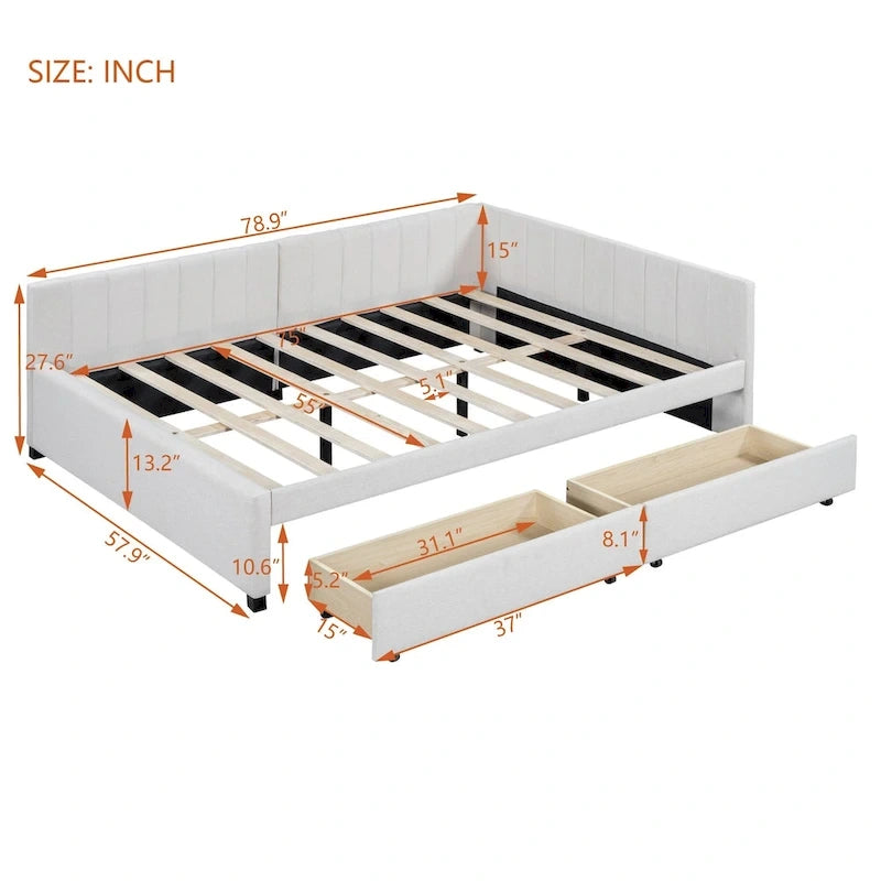 Full Size Upholstered Daybed with Linen Backrest and 2 Storage Drawers