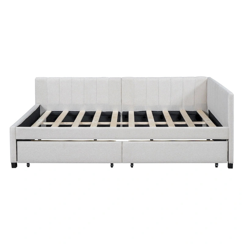 Full Size Upholstered Daybed with Linen Backrest and 2 Storage Drawers