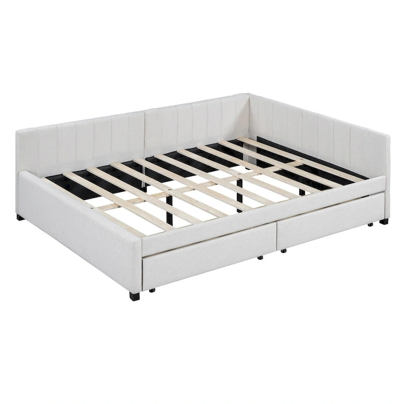 Full Size Upholstered Daybed with Linen Backrest and 2 Storage Drawers
