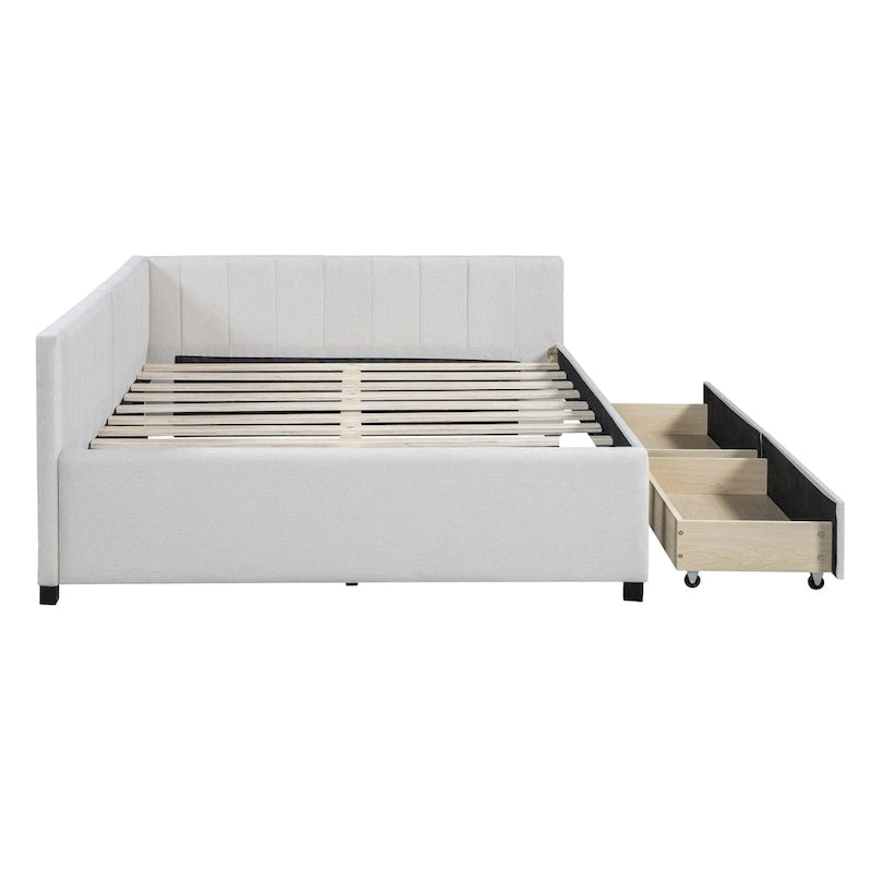 Full Size Upholstered Daybed with Linen Backrest and 2 Storage Drawers