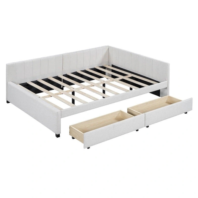 Full Size Upholstered Daybed with Linen Backrest and 2 Storage Drawers