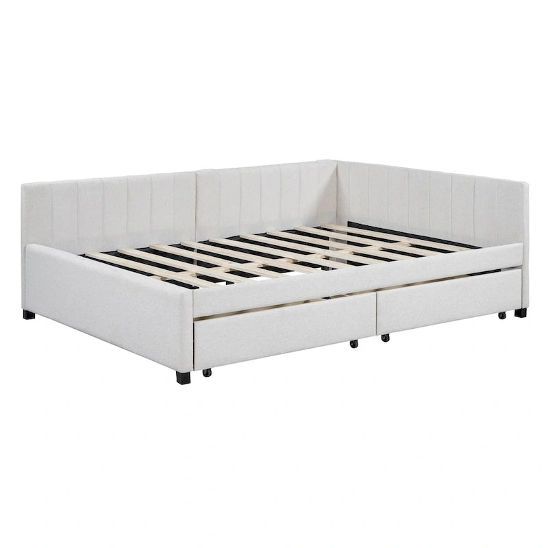 Full Size Upholstered Daybed with Linen Backrest and 2 Storage Drawers