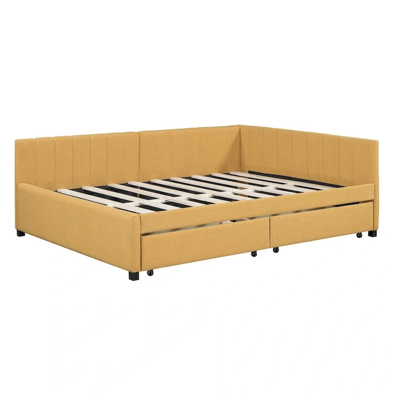Full Size Upholstered Daybed with Linen Backrest and 2 Storage Drawers