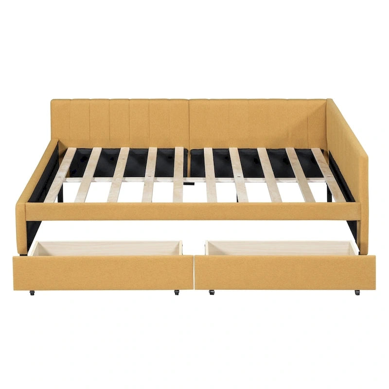 Full Size Upholstered Daybed with Linen Backrest and 2 Storage Drawers