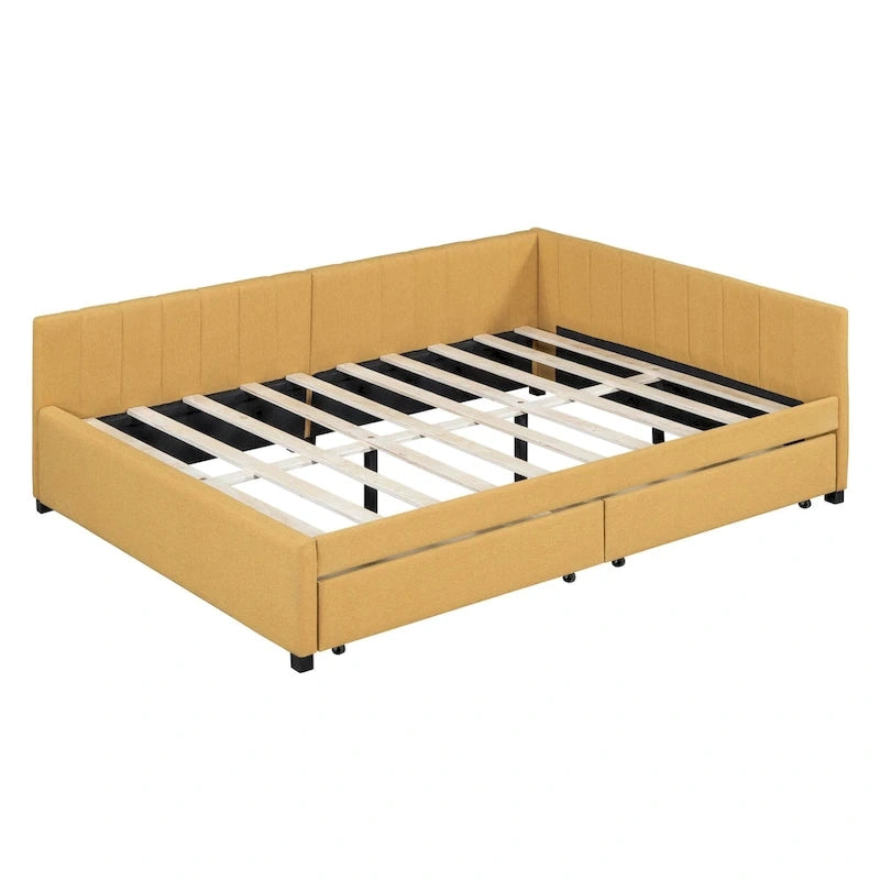 Full Size Upholstered Daybed with Linen Backrest and 2 Storage Drawers