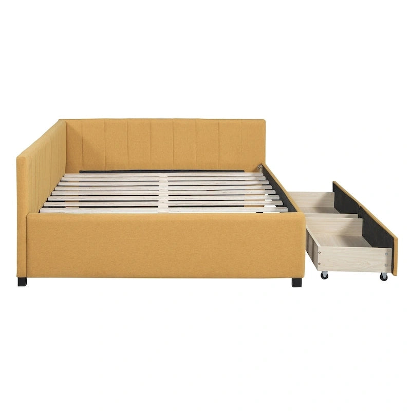 Full Size Upholstered Daybed with Linen Backrest and 2 Storage Drawers