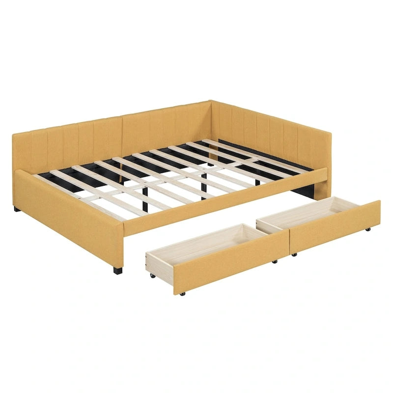 Full Size Upholstered Daybed with Linen Backrest and 2 Storage Drawers