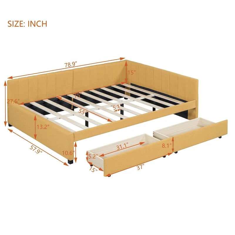 Full Size Upholstered Daybed with Linen Backrest and 2 Storage Drawers