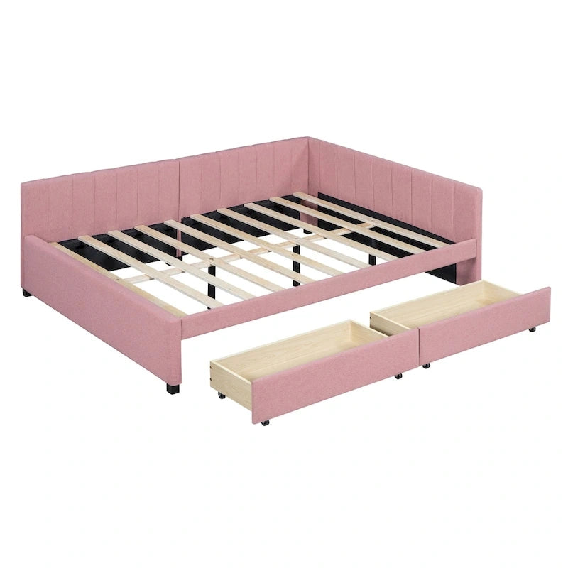 Full Size Upholstered Daybed with Linen Backrest and 2 Storage Drawers