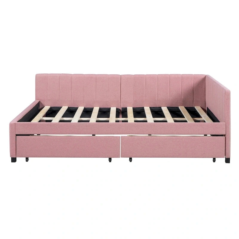 Full Size Upholstered Daybed with Linen Backrest and 2 Storage Drawers
