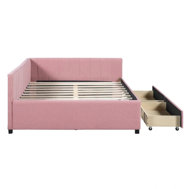 Full Size Upholstered Daybed with Linen Backrest and 2 Storage Drawers