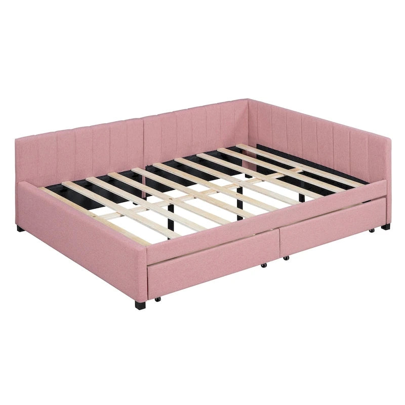 Full Size Upholstered Daybed with Linen Backrest and 2 Storage Drawers