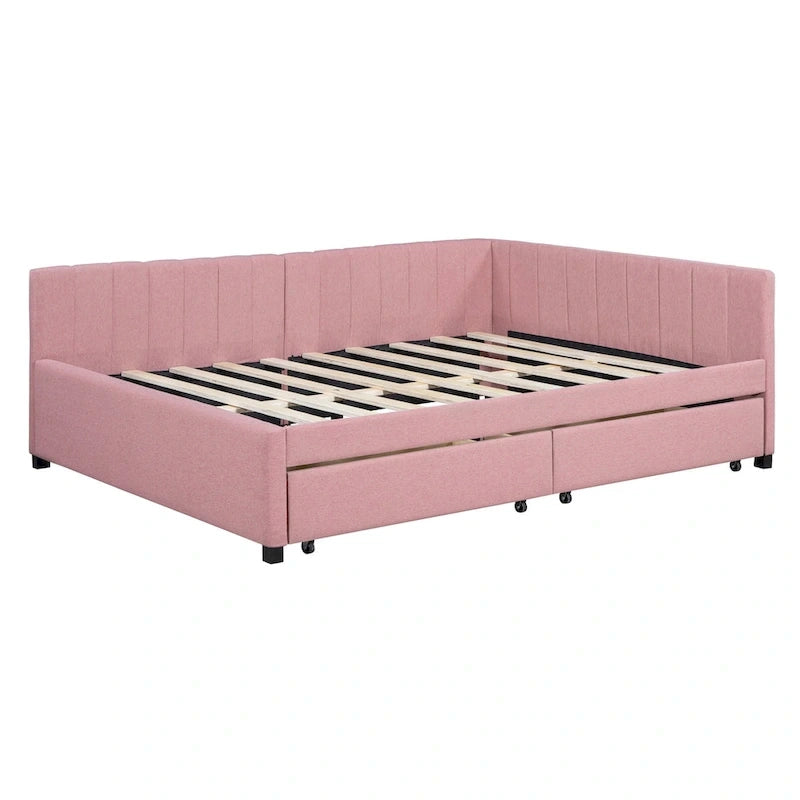 Full Size Upholstered Daybed with Linen Backrest and 2 Storage Drawers