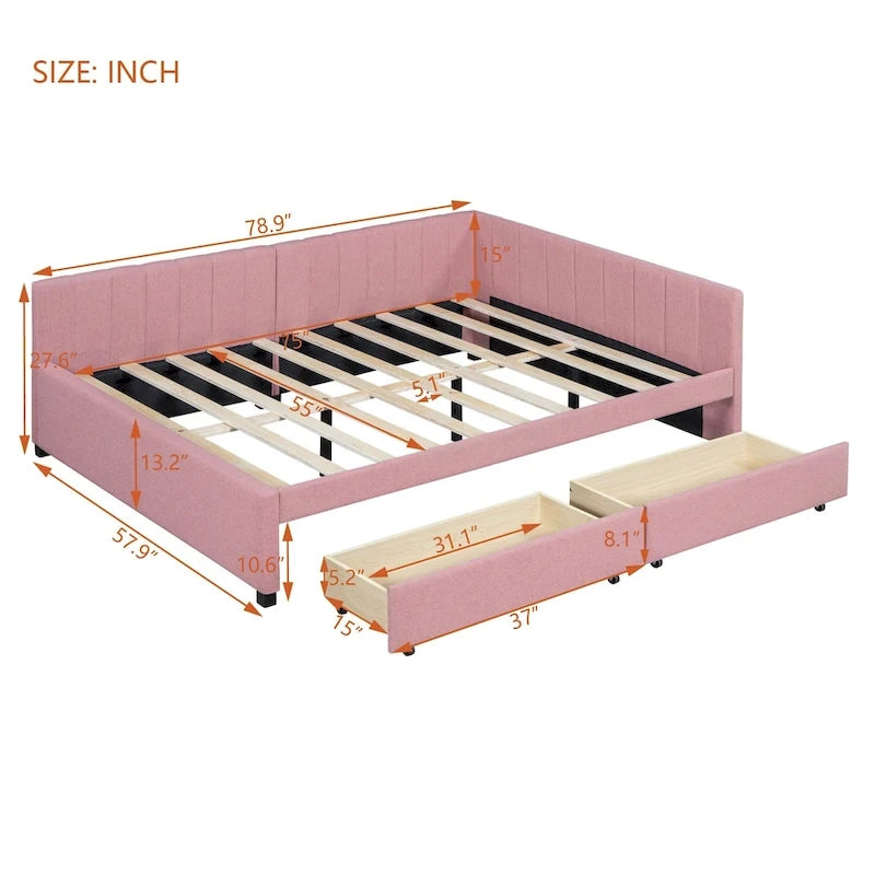 Full Size Upholstered Daybed with Linen Backrest and 2 Storage Drawers