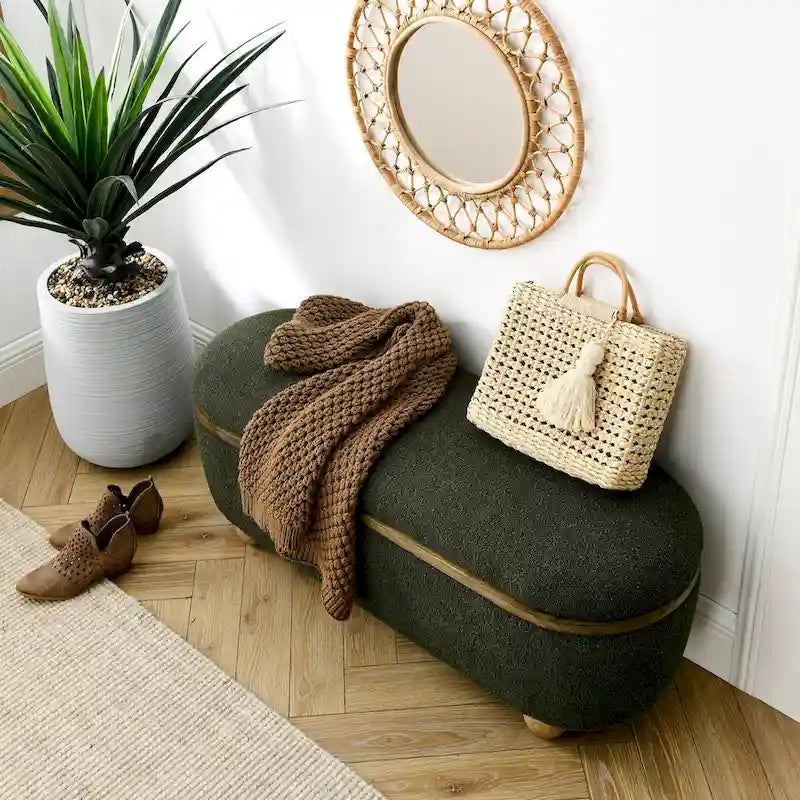 Upholstered Storage Ottoman Bench with Gold Ball Legs