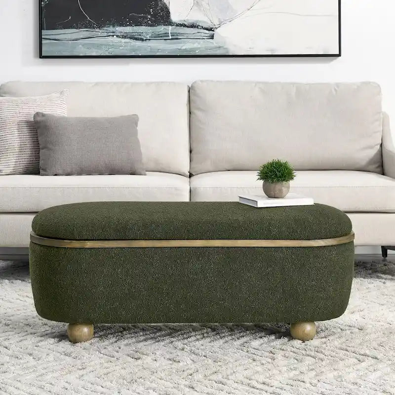 Upholstered Storage Ottoman Bench with Gold Ball Legs