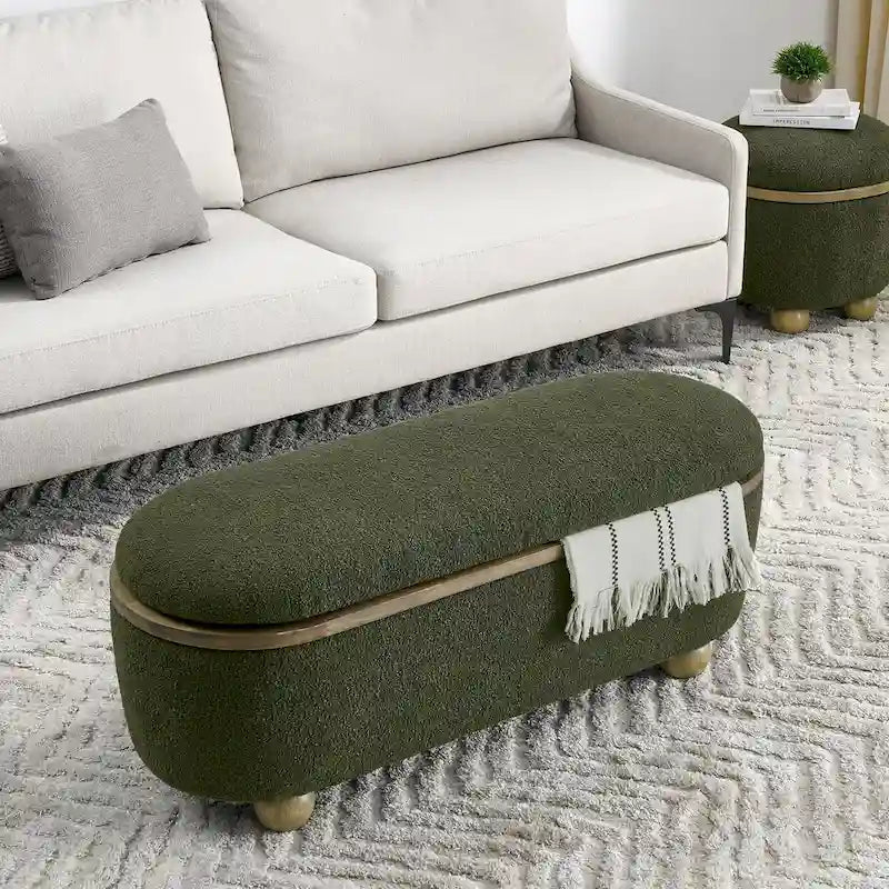 Upholstered Storage Ottoman Bench with Gold Ball Legs